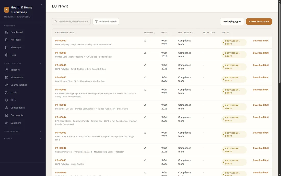 The EU PPWR screen, listing Declarations of Conformity by packaging type. Each row shows a packaging type code and the components it combines, such as an LDPE poly bag with a paper board swing ticket, with its version, date, declarer, status and a Download DoC link.